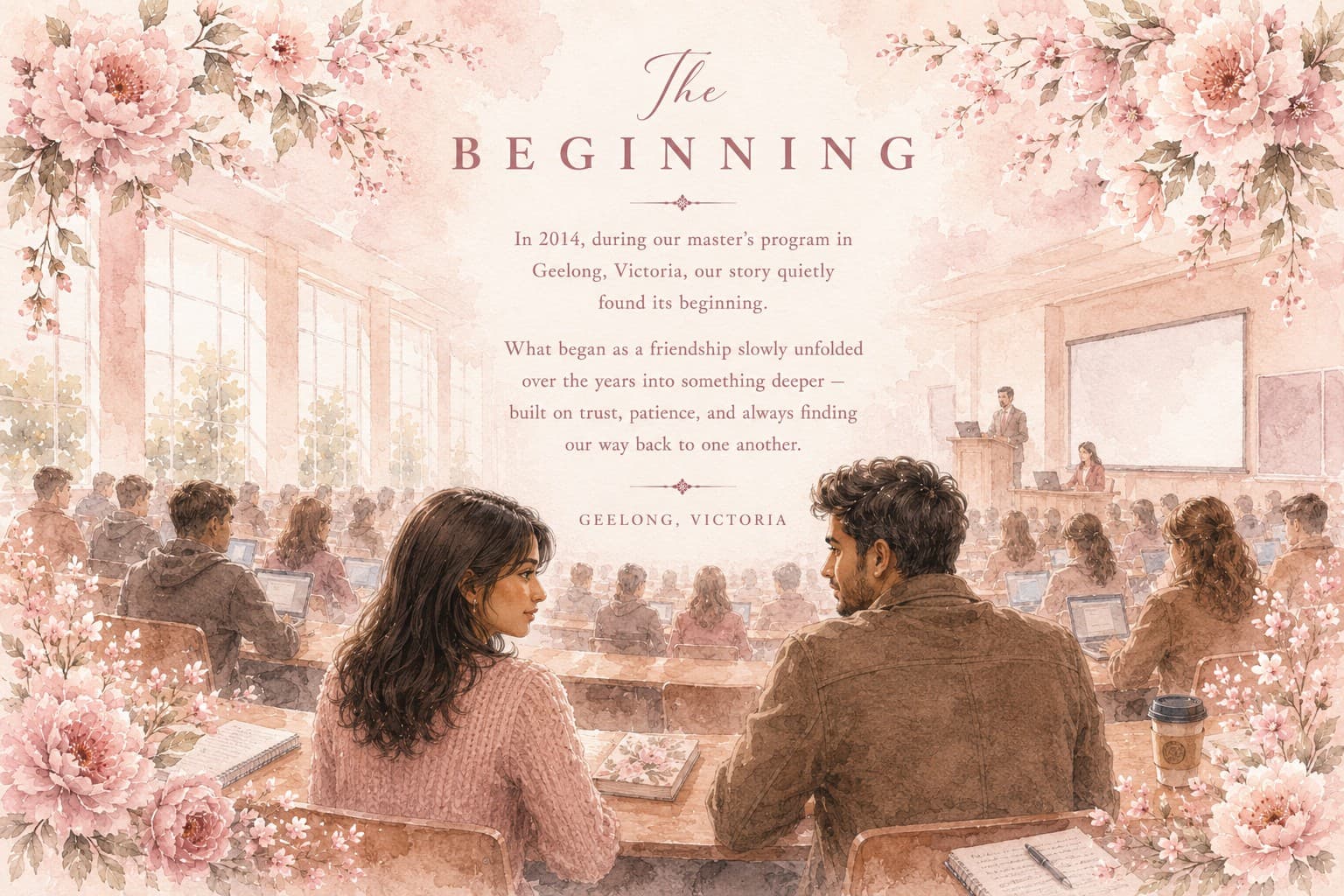 Watercolor story card titled The Beginning, set in Geelong, Victoria.