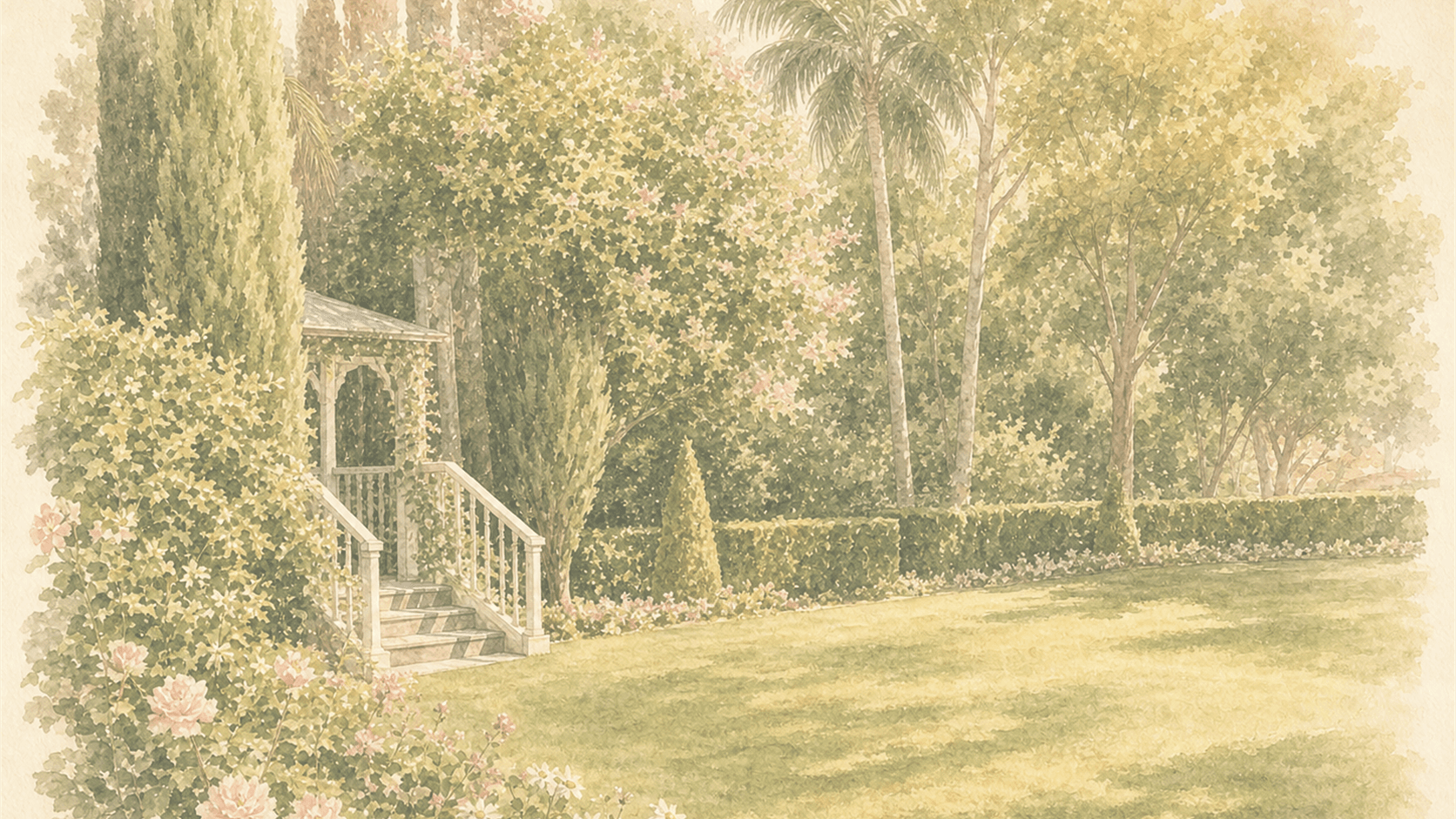 Caversham House garden lawn and gazebo